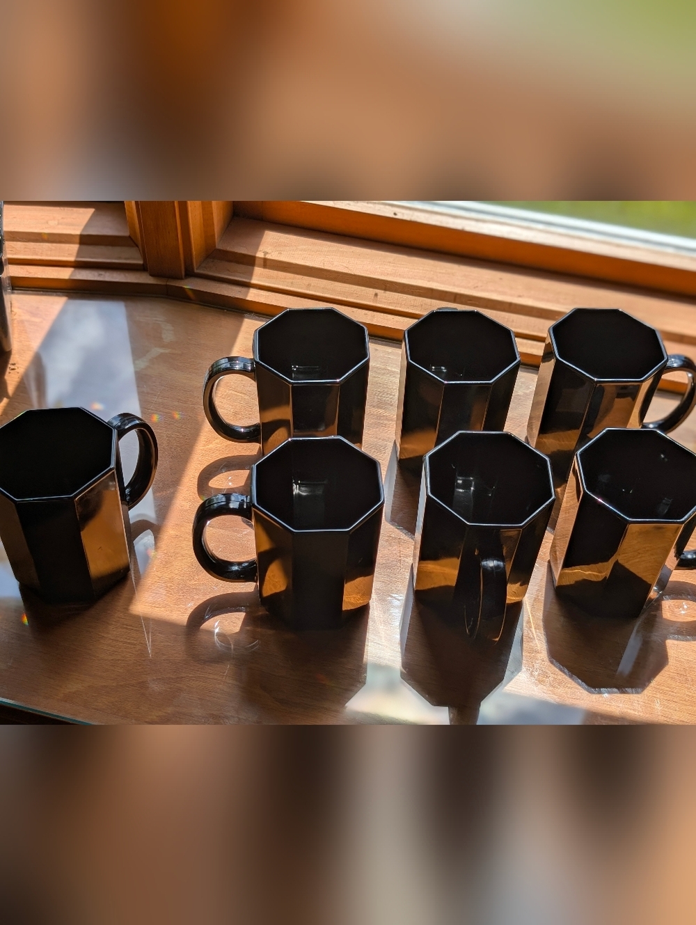 Arcoroc Mid Century "Octime" Octagonal Black Mug Set Of 7, Made In France - Picture 9 of 15